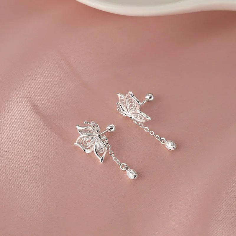 999 silver tassel hollow butterfly earrings for girls