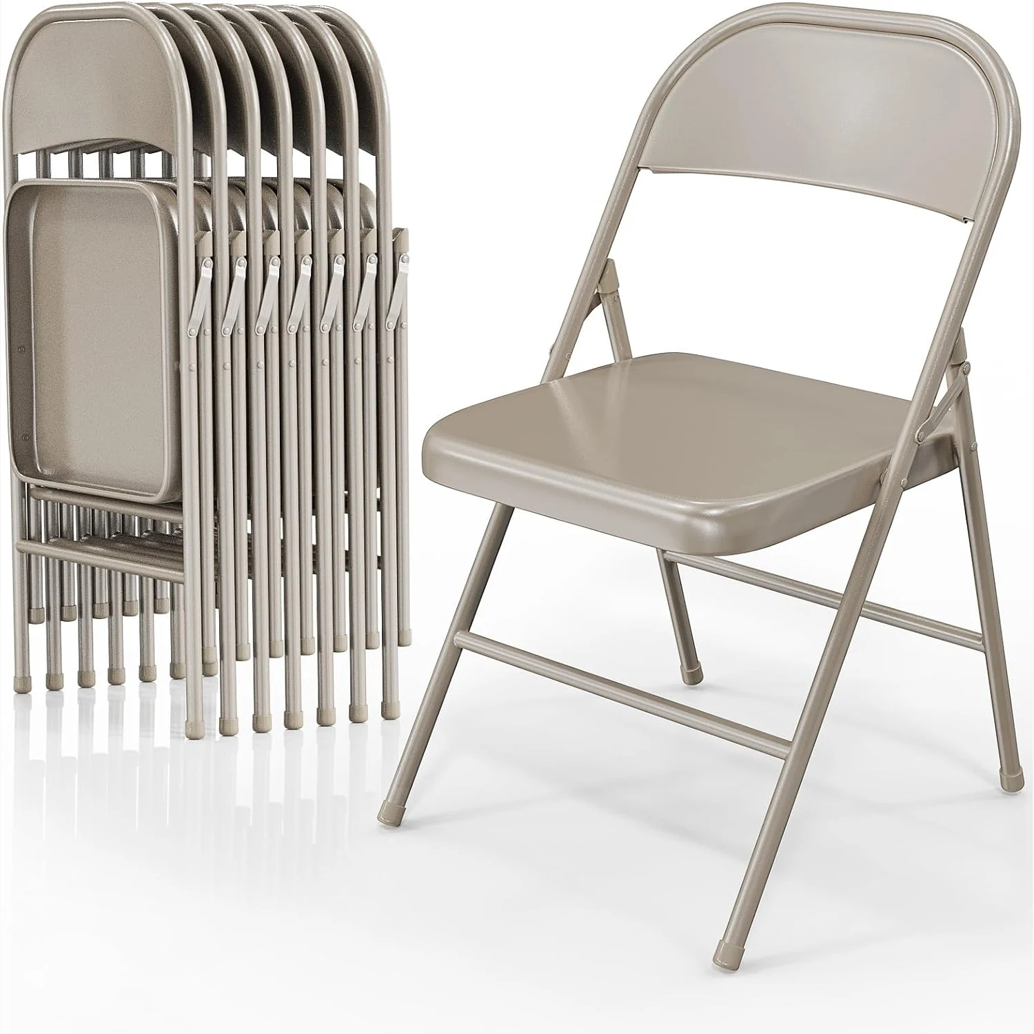 Folding Chairs All Steel Metal Frame, Capacity 350 lbs, Durable Portable and Versatile for Indoor Outdoor Use, Khaki, Set of 8 Pack