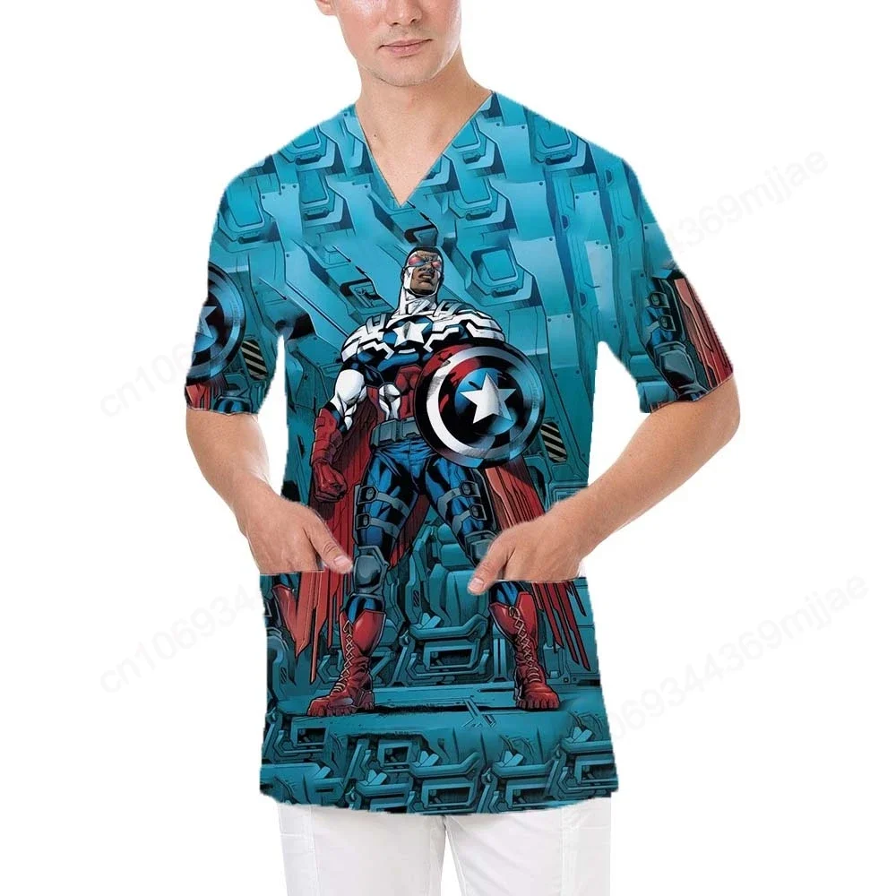 2024 Summer New V-neck Design Men's T-shirt with Double Pocket Style Marvel Pattern Printed Casual and Comfortable Men's Tops