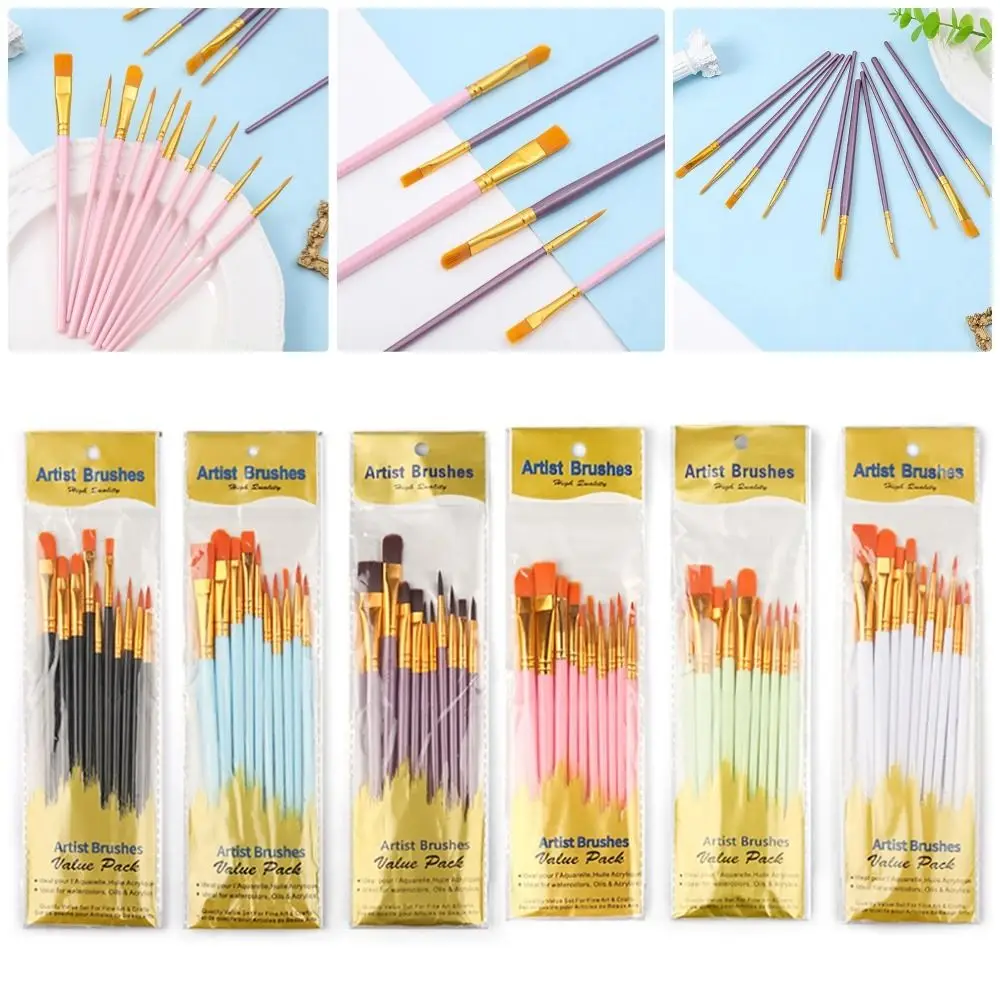 10Pcs/set Nylon Hair Artist Paint Brush Set Watercolor Acrylic Paintbrush Oil Painting Brushes Colorful Professional