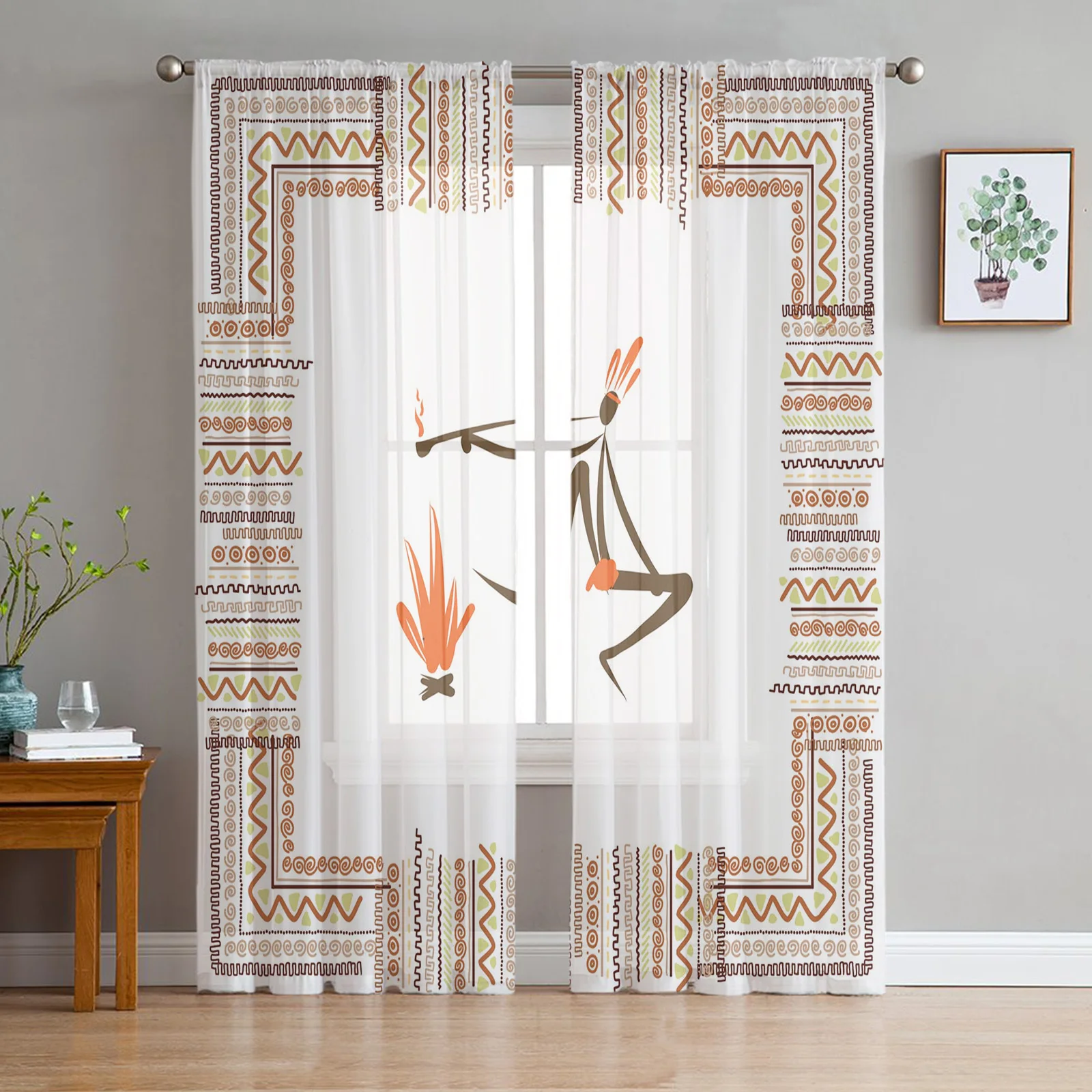 

Human Ancient Tribe Flame Bedroom Organza Voile Curtain Window Treatment Drapes Tulle Curtains for Living Room Sheer Curtains