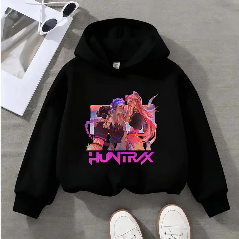 Kapuzenpullover für Mädchen, warmer Rumi KPop Demon Hunter-Mantel, modische Freizeit-T-Shirts mit Cartoon-Wellen für Kinder, lässig schwarz