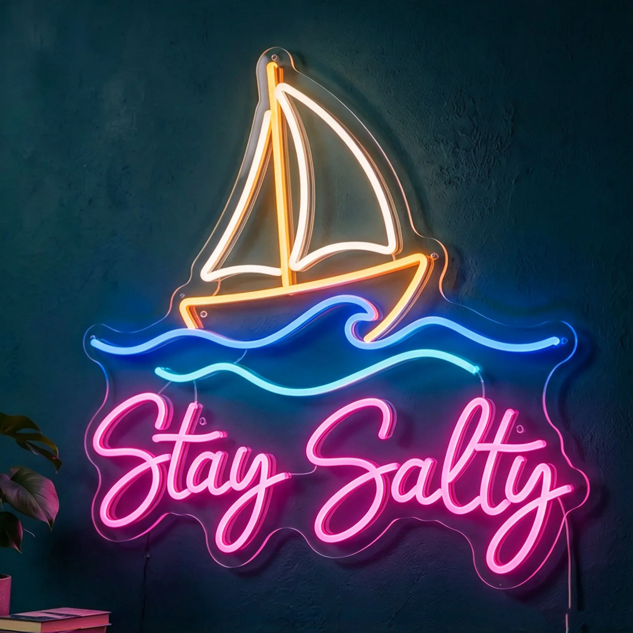 Stay Salty Neon Sign,Sailing Ship Neon Sign,Ocean Wave Neon Sign,Nautical Boat Neon Sign,Bedroom/Gaming Room Decor,Home Wall Art