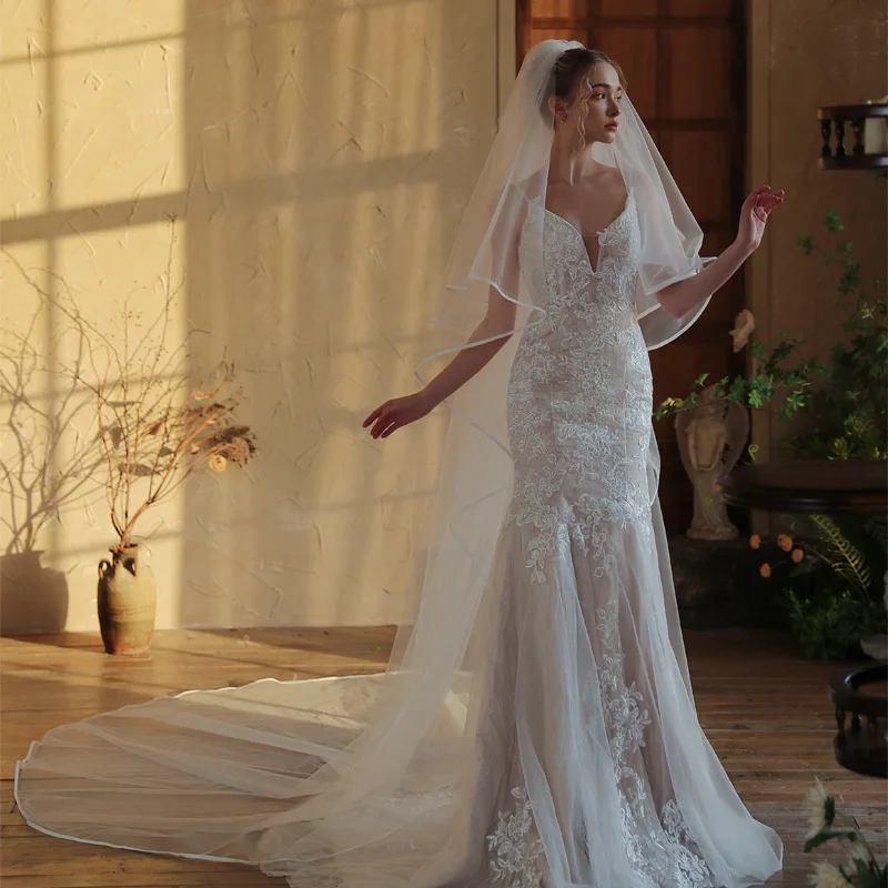 Abito da sposa lungo principale Velo da sposa Velo da sposa a doppio strato con coda da 3 metri Velo soffice che copre Mantillas per il viso