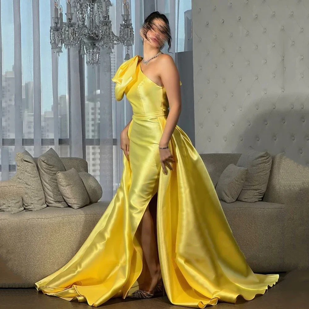 Vestido de fiesta de sirena amarillo para mujer, sobrefalda de un hombro con lazo y abertura lateral, vestido de fiesta Sexy, vestido de noche Formal largo personalizado