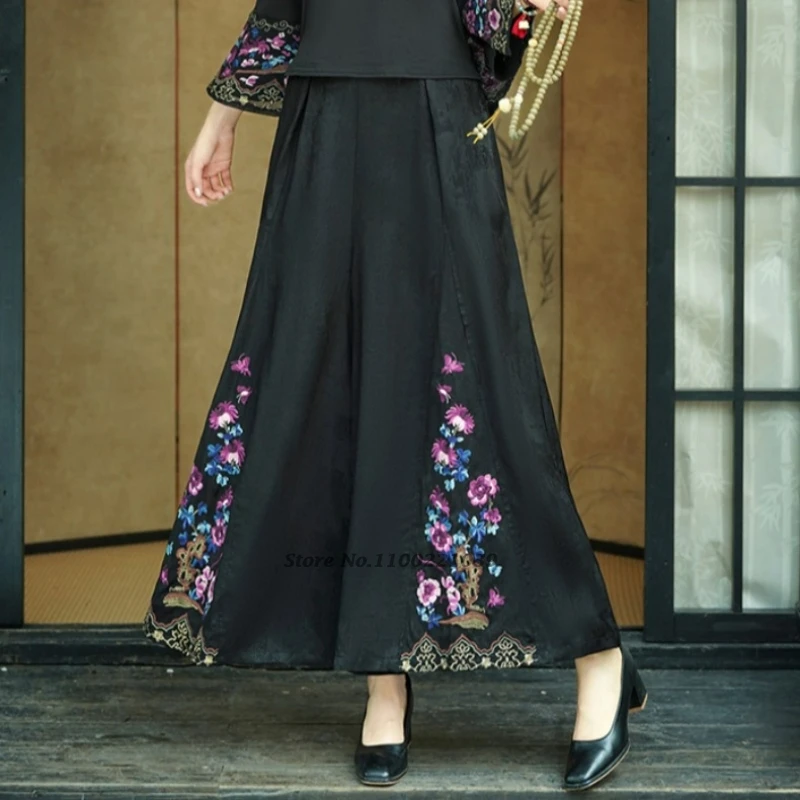 2025 pantaloni vintage cinesi pantaloni tradizionali a gamba larga ricamati con fiori nazionali pantaloni folk in vita elastica jacquard in raso