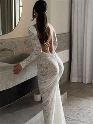 Tossy White Lace Backless Long Dress For Women See-Through High Waist Printed Slim Solid Hollow Out Dress Women's Party Dress