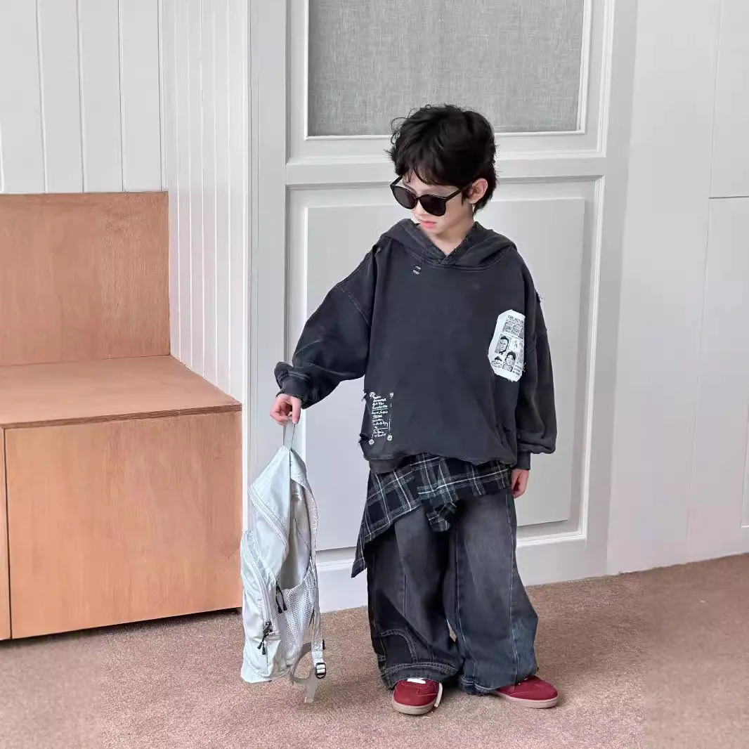 

Children clothing boys handsome all match hoodie 2024 autumn new boys fashion personality printed long sleeved pullover