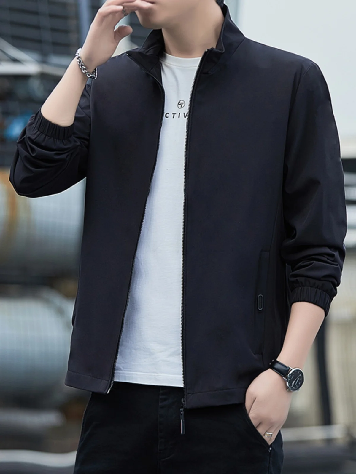 

Весенне-осенняя мужская повседневная рабочая одежда Jaet Spor с воротником-стойкой, универсальная верхняя одежда, молодежная длинная молния из полиэфирного волокна...