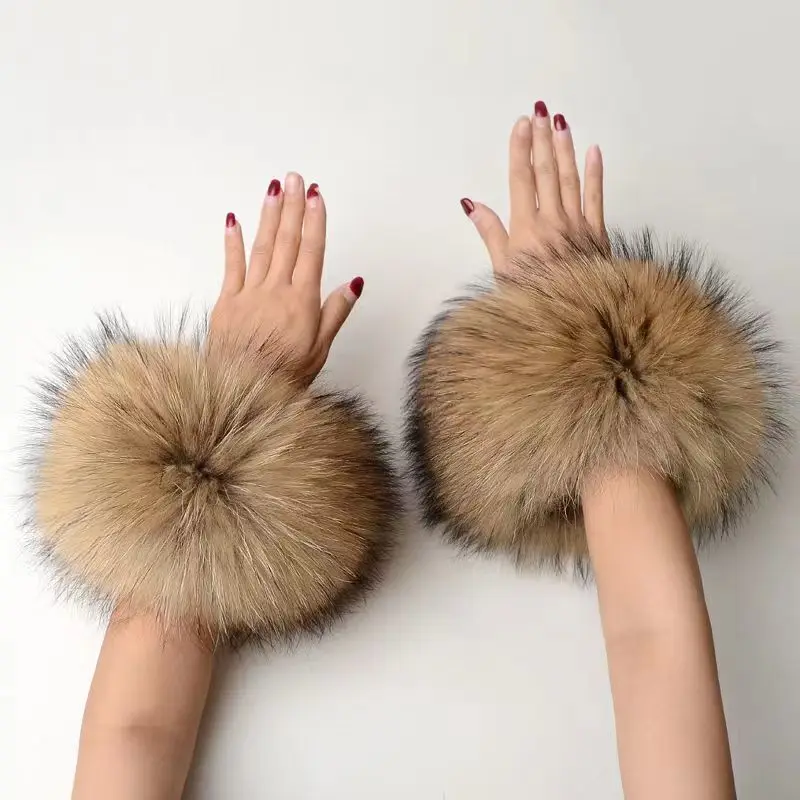 High Quality Winter Real Racoon Fur Cuffs Wrist Warmer Coat Sleeve Decorate Genuine Fur Cuff Arm Bracelet Fur Wristband Glove