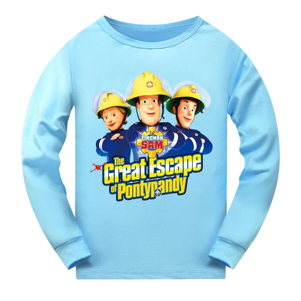 Cartoon Fireman Sam T Shirt Kids Casual Sleepwear Baby Boys Long Sleeve Tops Pants Set Toddler Girls Nightwear Children's Pyjama