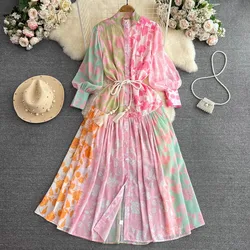 Luxury Fashion Spring Summer Women Chic Print Pleated Elegant Lantern Sleeve Dress A Line Casual Lace Up Vacation Party Dress