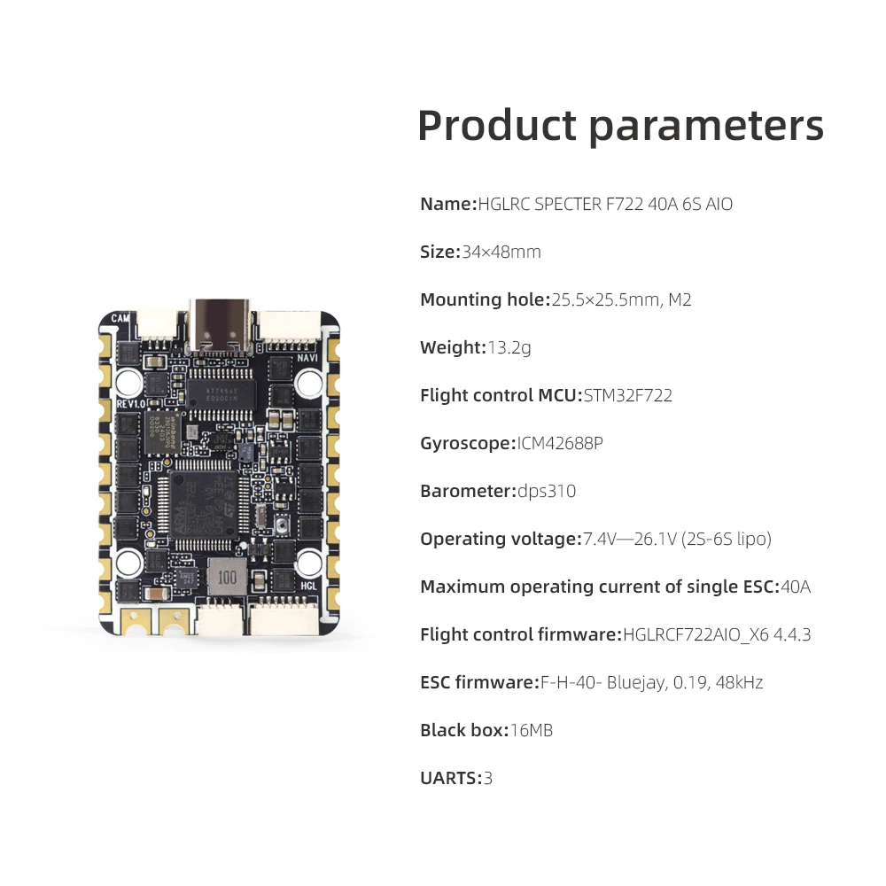 F722 AIO Flight Controller 40A 6CH 2-6S for Rekon Y6 FPV Drone, HGLRC SPECTER Stack with BLHeli_32 ESC for Mixed Control