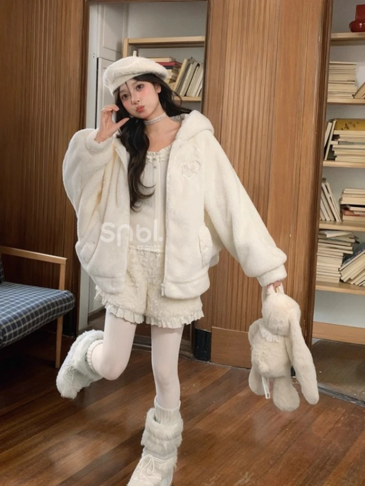 Süße süße Mädchen Kaninchen Ohr mit Kapuze Fleece Hoodies Sweatshirt verdickt warm vielseitig lose weiße kurze Jacke Mantel Frauen Winter