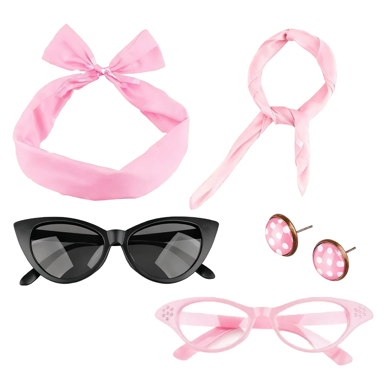 

1950's Womens Costume Accessory Set Retro Polka Dot Chiffon Scarf Headband Cat Eye Glasses Earrings Halloween Cosplay Party Girl