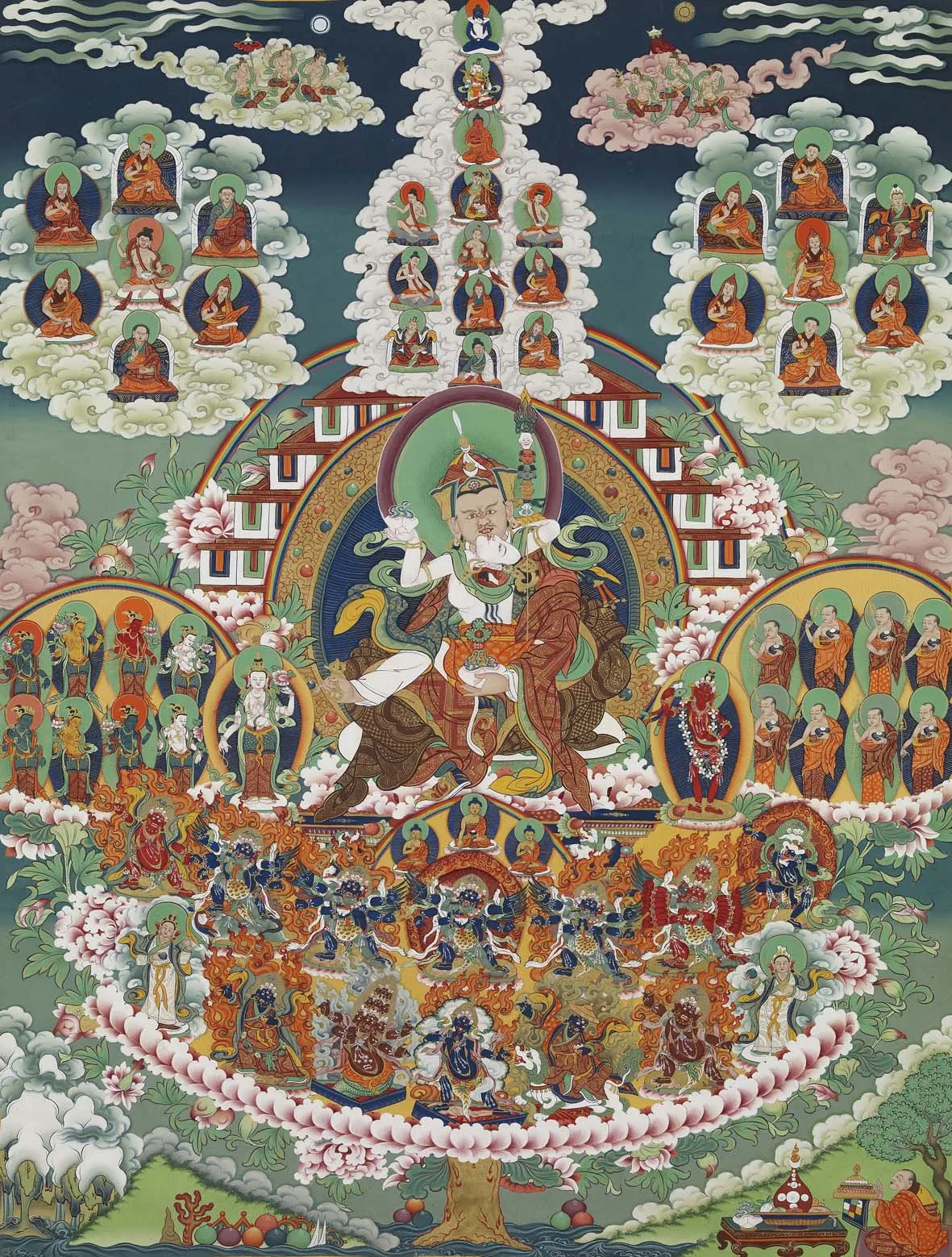 

Padmasambhava - Guru Rinpoche on Refuge Tree Thangka,Gandhanra Tibetan Buddhist Thangka,Giclee Printed and Hand Framed,47" × 32"