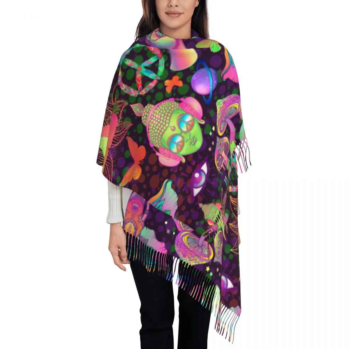 Womens Scarf with Tassel Meditation Buddha Psychedelic Mandala Long Winter Warm Shawl Wrap Mushroom Zen Wear Pashmina Scarves