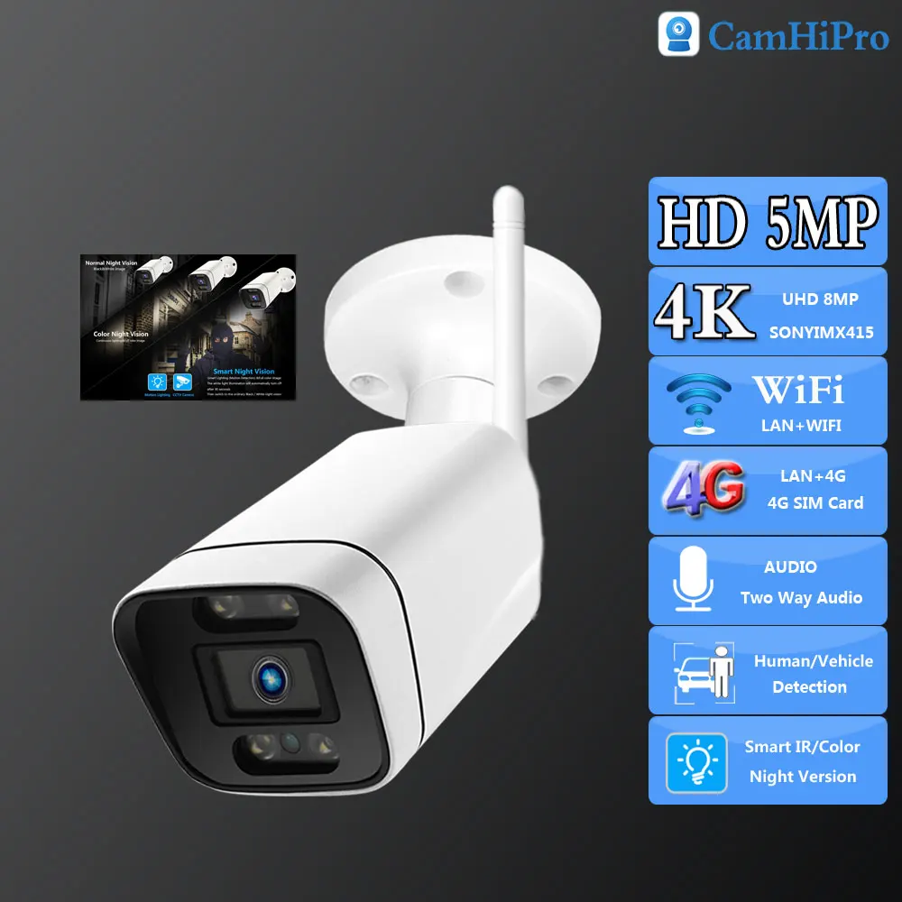

Camhipro 5MP/8MP 4K WIFI Security Vedio 4G Wireless 3.6mm Two Way Audio Waterproof Humanoid alarm IR&Color Night Version