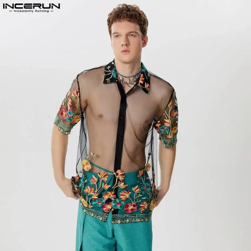 

Party Nightclub Style Tops INCERUN 2024 New Men Sexy Perspective Mesh Floral Shirts Fashion Male Thin Short Sleeved Blouse S-3XL