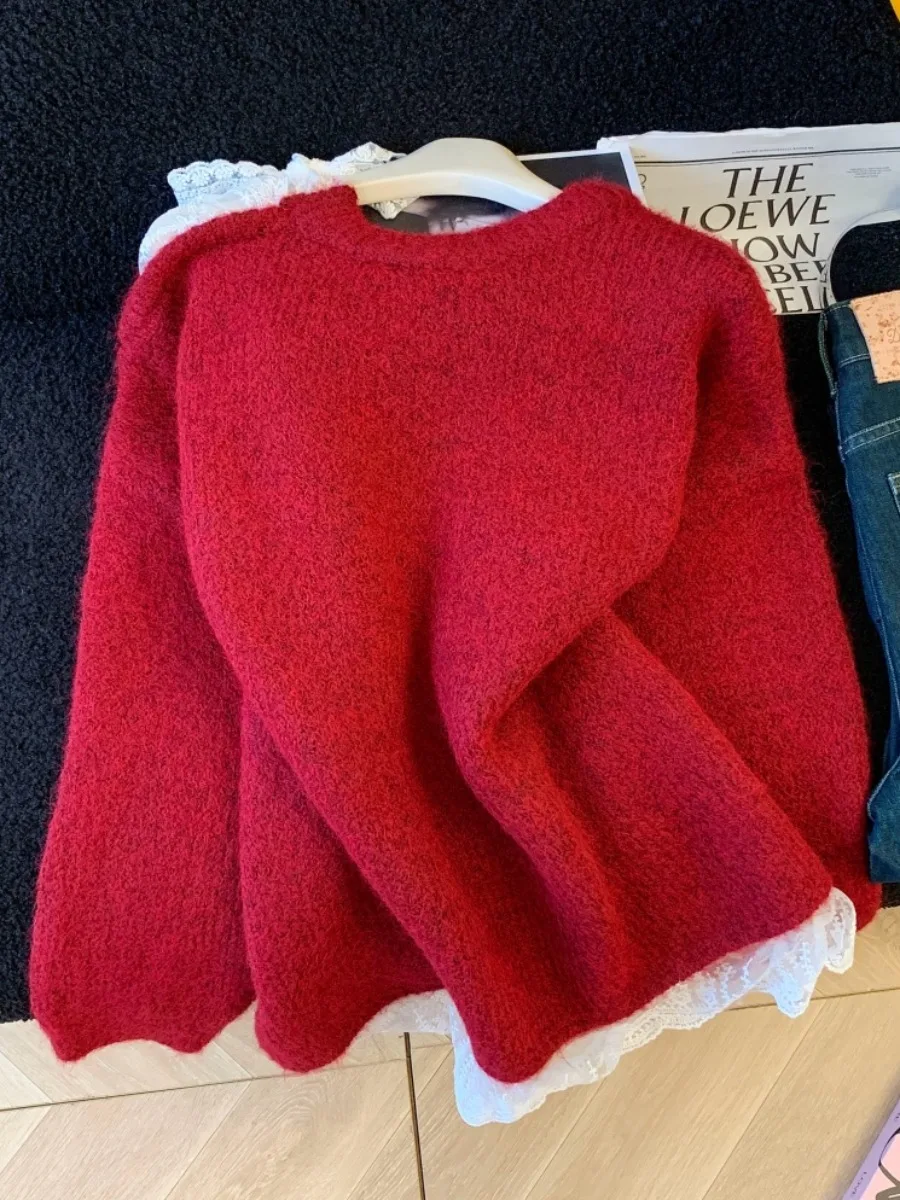 Cisas Aosphere الأحمر عقدة الدانتيل الربط oulder عارية سترة المرأة الخريف الشتاء فضفاض Sle النسخة الكورية #5