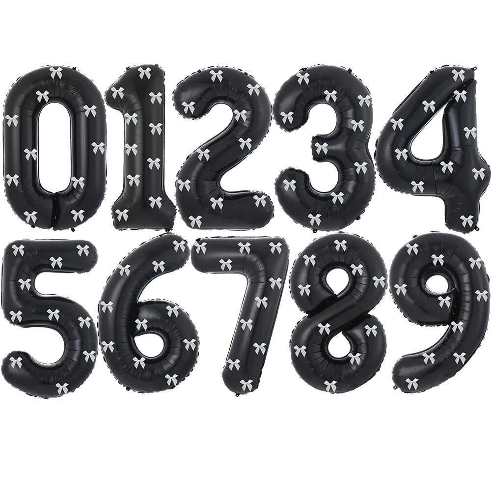 32 inch aluminum foil balloons, black numbers 0-9 for birthday party decoration, 10 silver mesh bows for celebrating birthdays