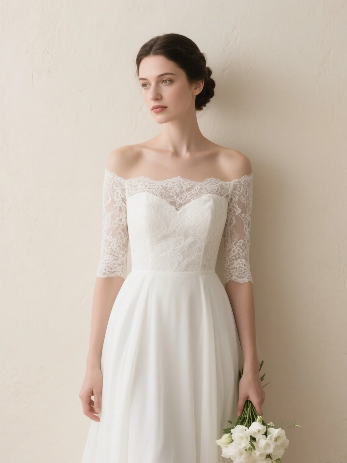 우아한 로맨스 A라인 웨딩드레스 오프숄더 레이스 쉬폰 하프 슬리브 아플리케 스윕 트레인 브라이덜 가운 2025 무료 맞춤 제작