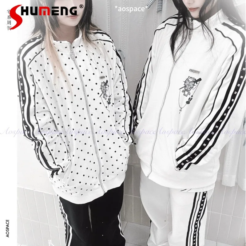 

Original Subculture Stripe Print Loose Tracksuit Jacket And Pants Japanese Dark Black Style Long-sleeves Zipper Sweatshirt Top