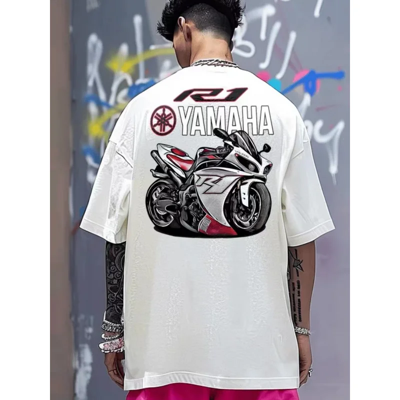 Motorcycle Motorcycle LooseTT-shirt Men's Yamaha Motorcycle Pattern Short Sleeve Racing CarTMen's Shirt White