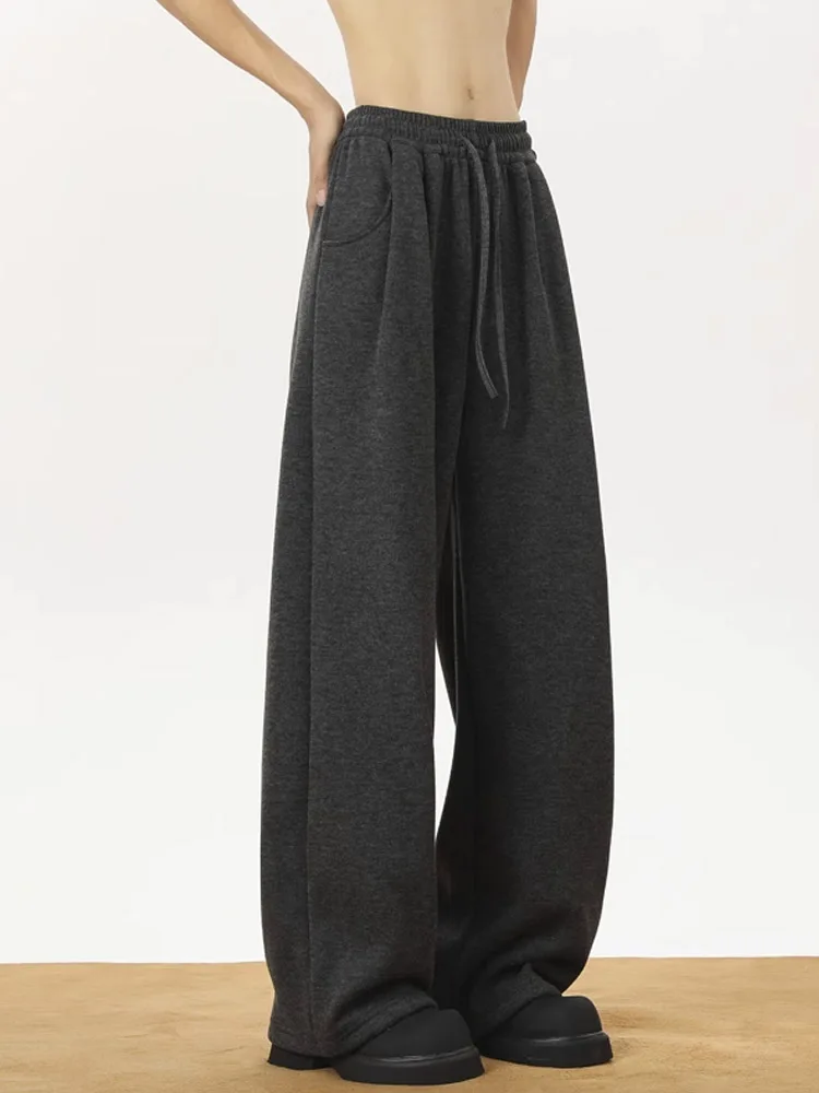 

Deep ey American Retro Fce Lined Thi Wide Leg Pants Men Winter Drapey High Waist Straight Cut Casual Trousers