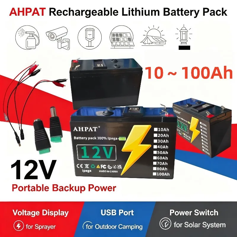 Rechargeable 12V Lithium Battery Pack 10Ah to 100Ah for Outdoor Solar Equipment, Water Pumps, LED Lamps & Portable Gadgets