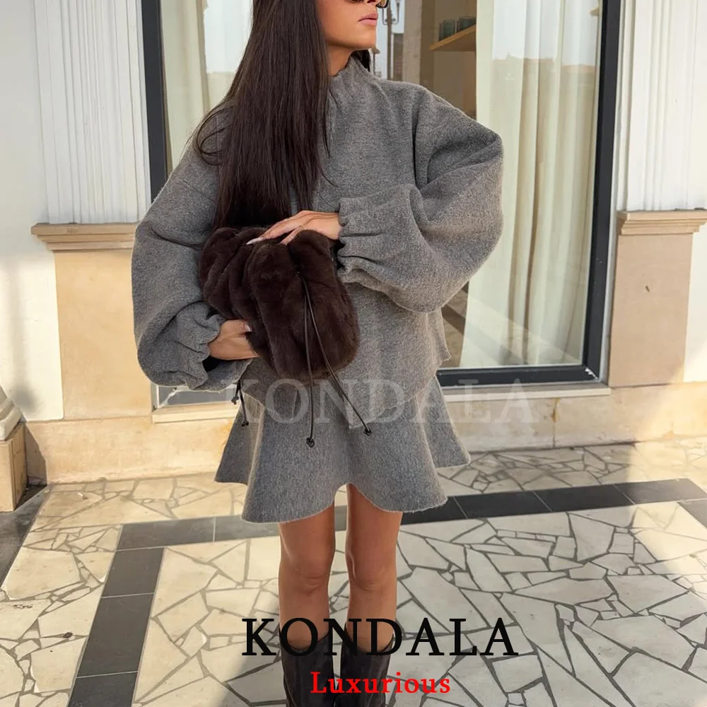 KONDALA Casual Knit Gray Suits Women O Neck Long Sleeve Loose Cardigans Ruffles Loose Mini Skirts Fashion 2026 Spring HolidaySet view 4