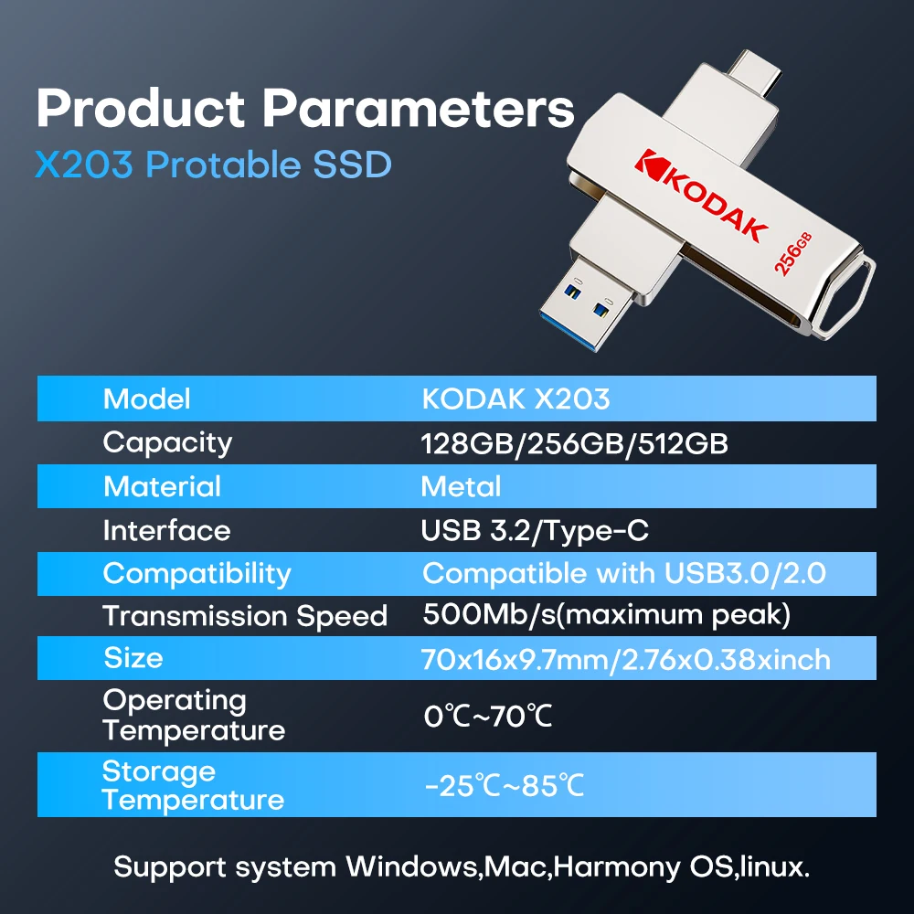 Kodak USSD Mobile Solid U Disk External Solid State Drive 1TB 256GB 512GB USB 3.2 Type-C Dual Interfaces For Mobile Phone Tablet