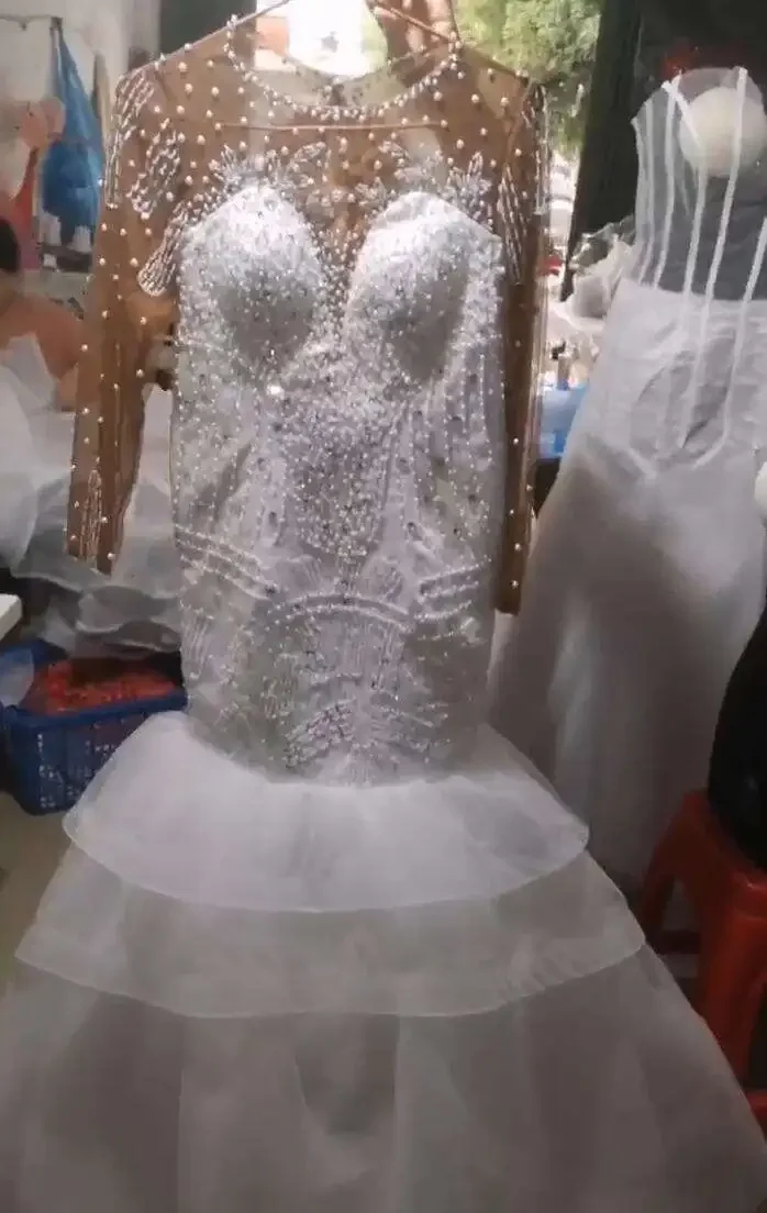 Customized African Mermaid Wedding Dresses Heavy Beaded Long Sleeve Plus Size O Neck Sweep Train Boho Fish Tail Wedding Bridal G