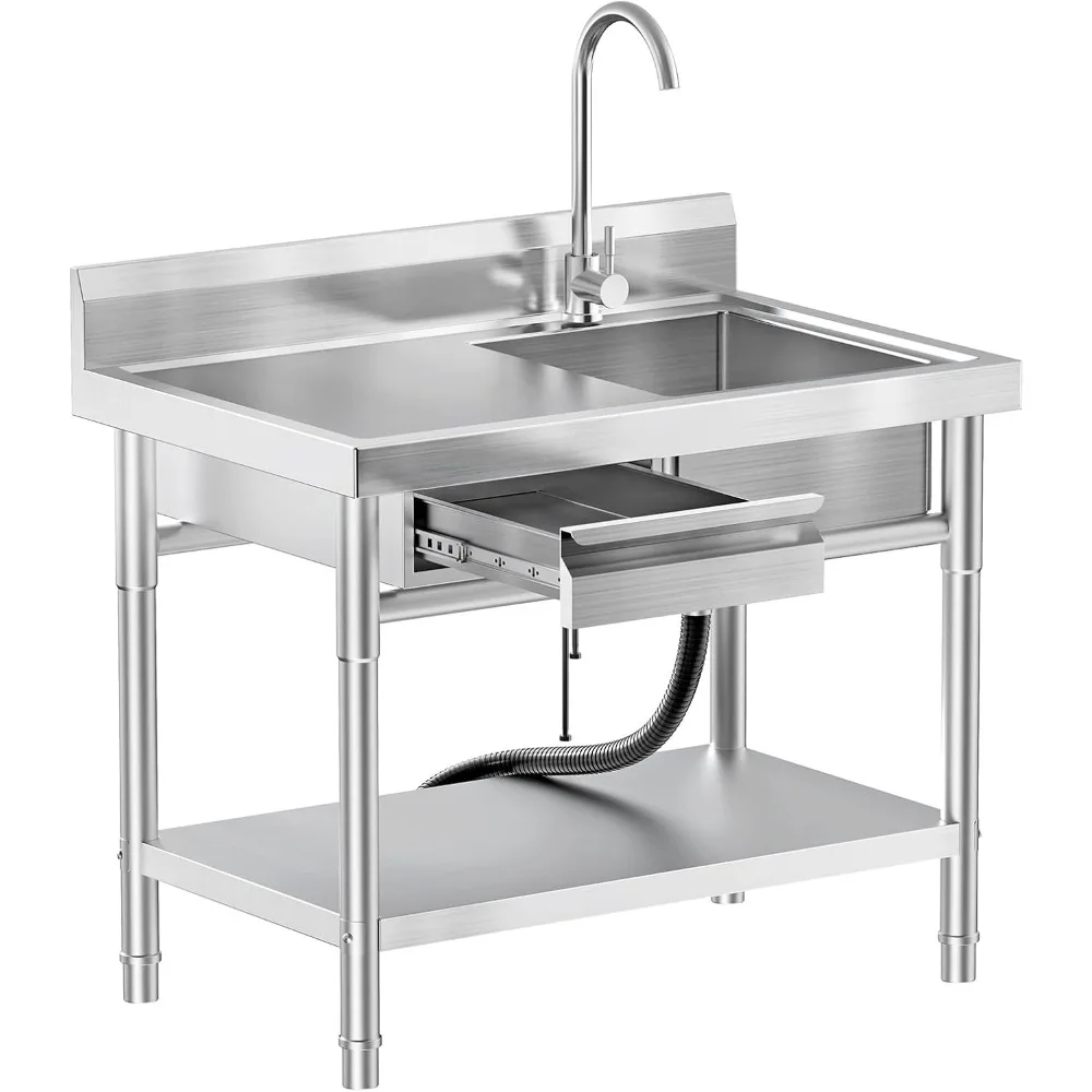 

Stainless Steel Utility Sink Freestanding Single Bowl Laundry Sink with Hot and Cold Water Plumbing Workbench Drawers for Laundr