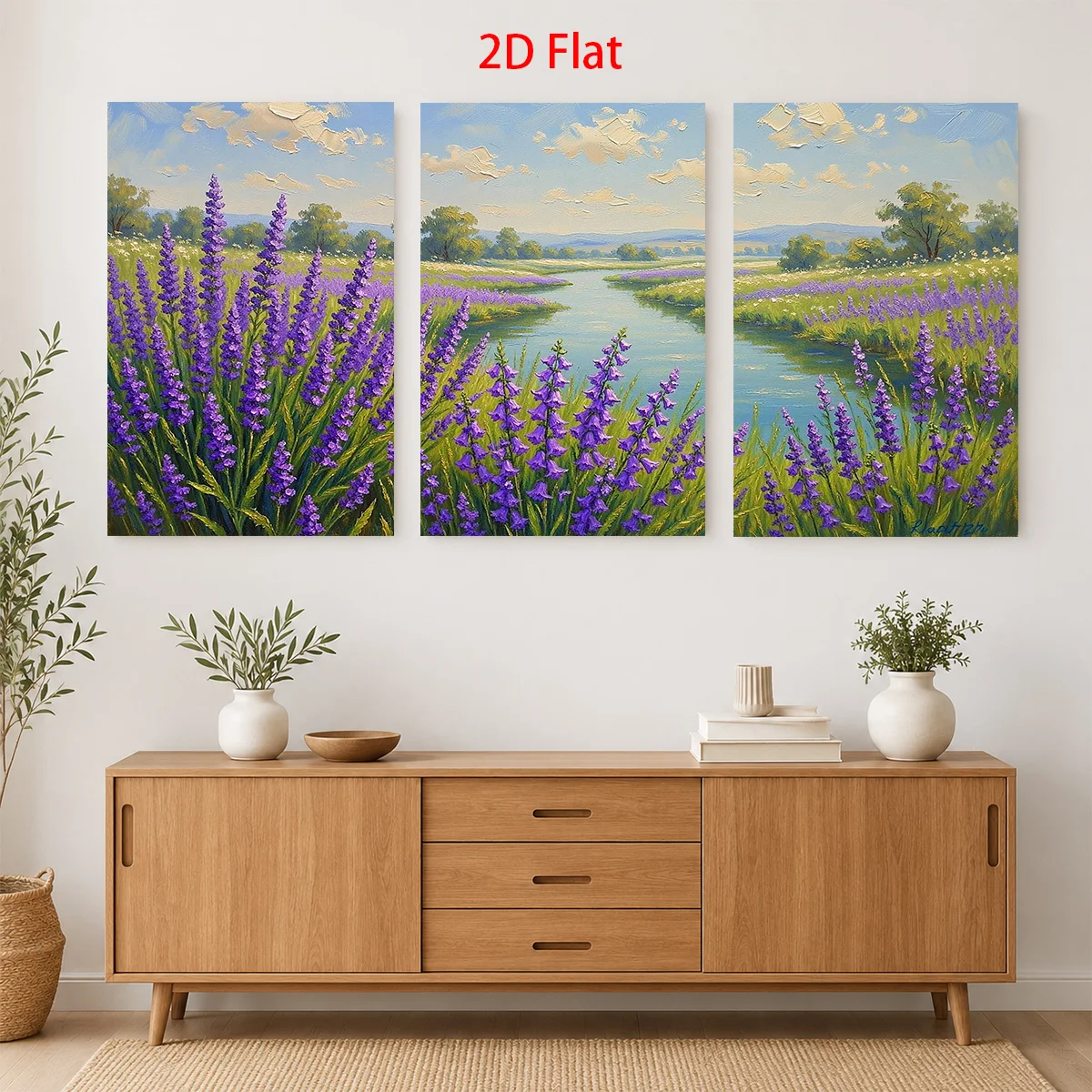 (No frame)2D Flat 3PCS- A 2D flat three-panel painting of lavender fields with a river and blue sky Themed Canvas Wall Art, W