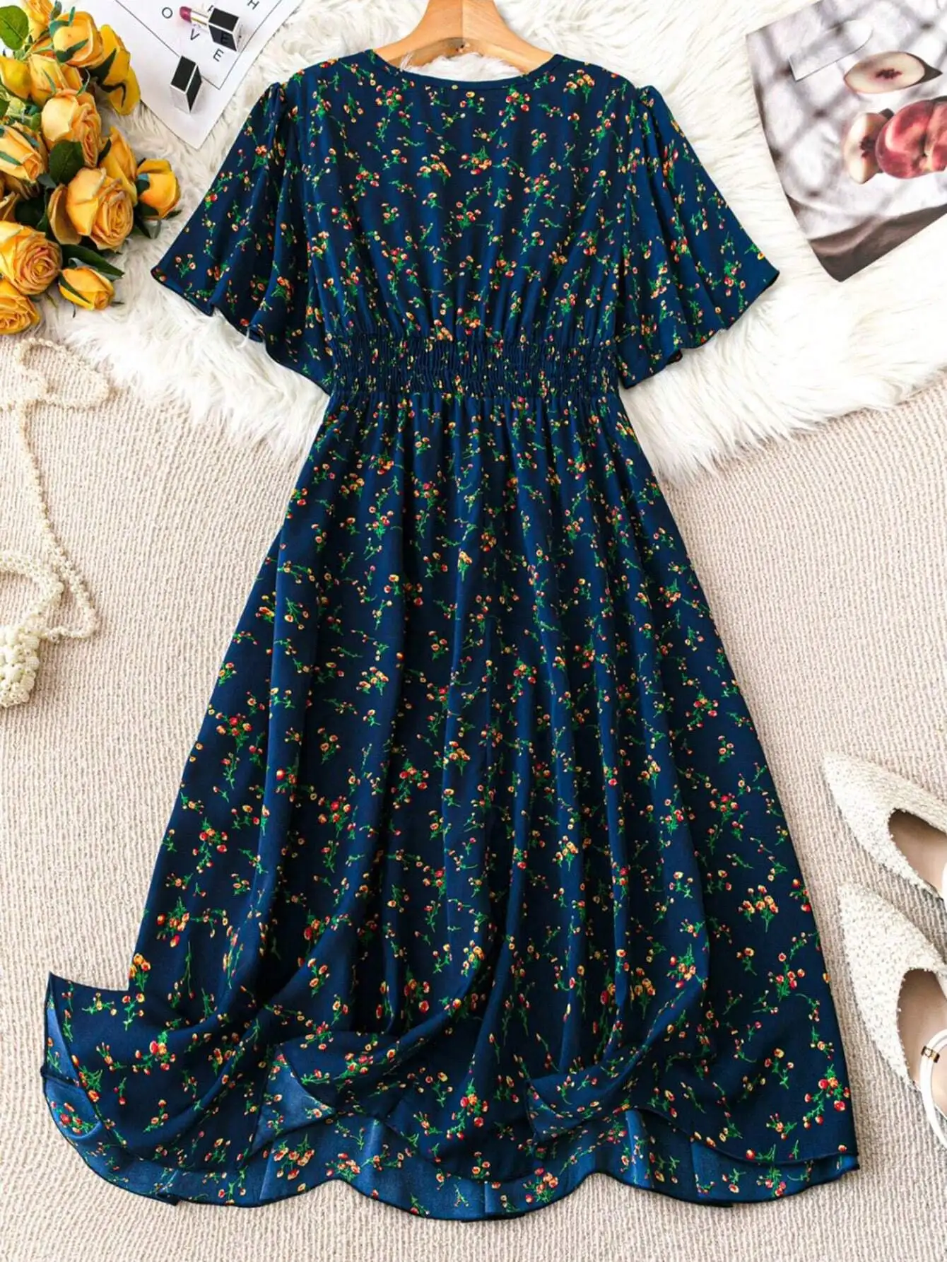 

Летнее платье для женщин с цветочным принтом в стиле бохо, с рюшами на рукавах и присборенной талией