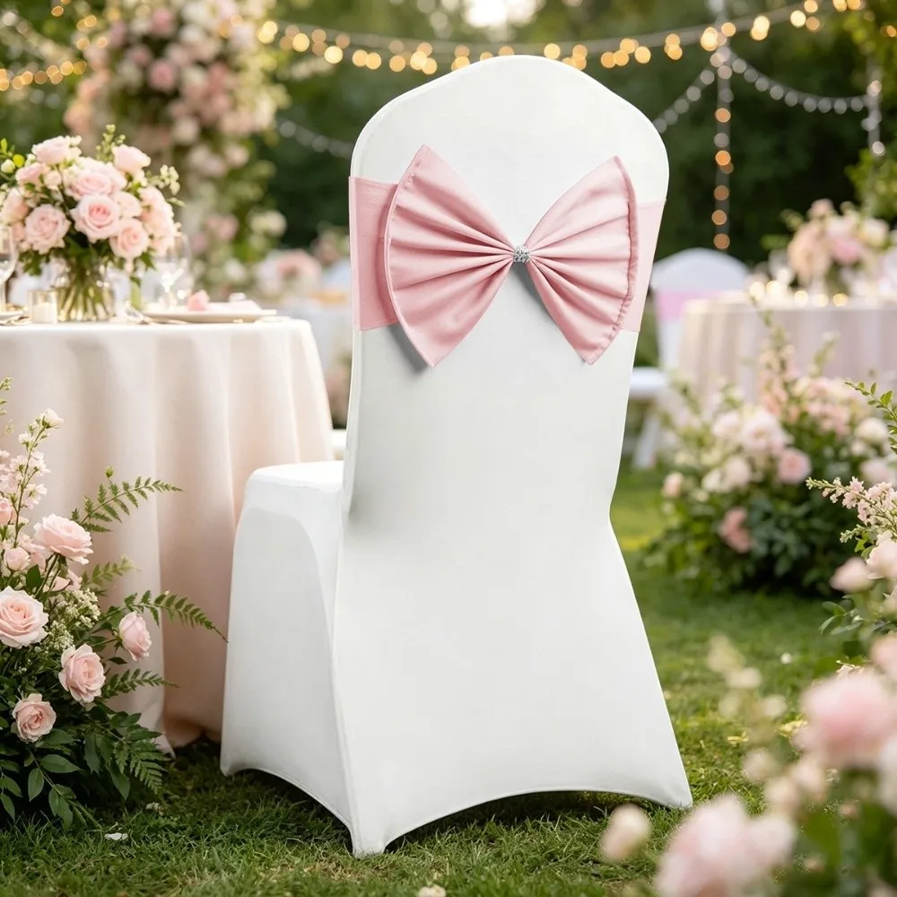 2pcs Creative Vintage Satin Chair Sashes Band Multicolor Reusable Chair Bow Tie Elastic Large Chair Back Ribbon Hotel Banquet