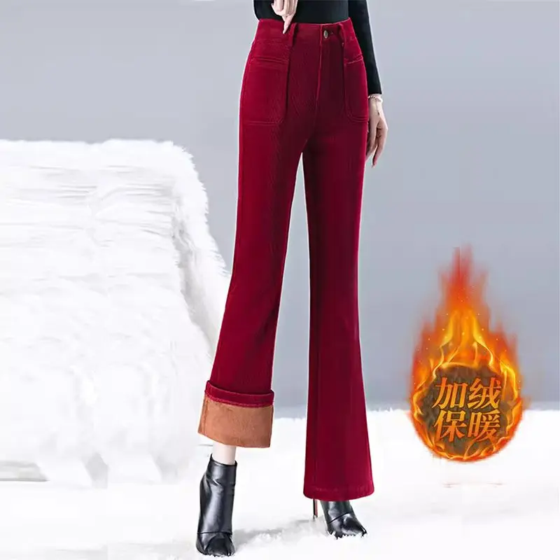 Fleece Flare Ladies Fashion Solid Color High Waist Straight Autumn Winter 2024 New Elegant Pocket Slim Pants Buttons Women\'s