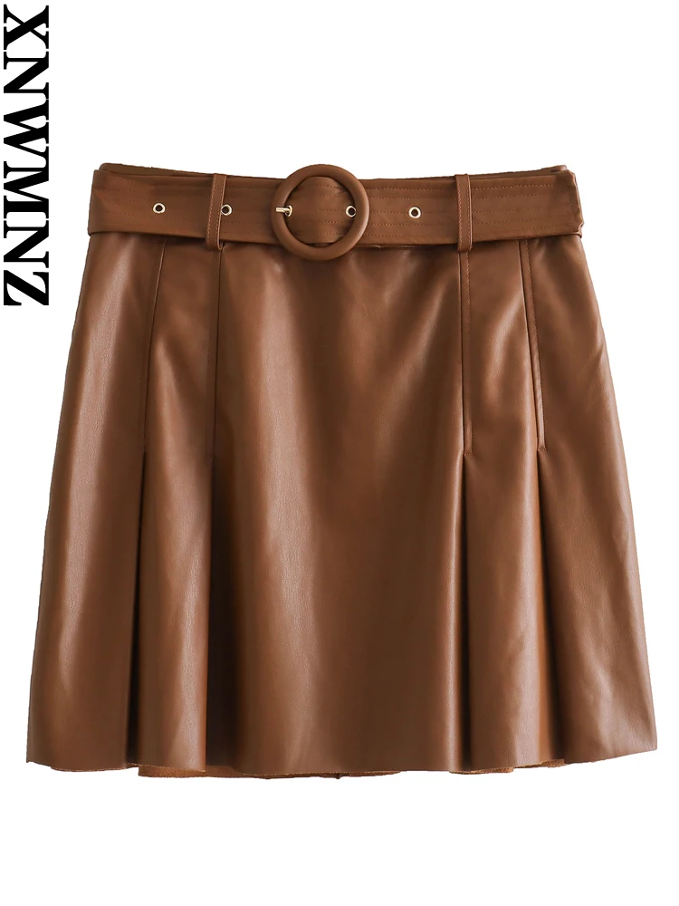 XNWMNZ-Mini saia de couro plissado feminino falso PU, cinto de cintura alta, saia feminina versátil, moda, outono, inverno, 2023