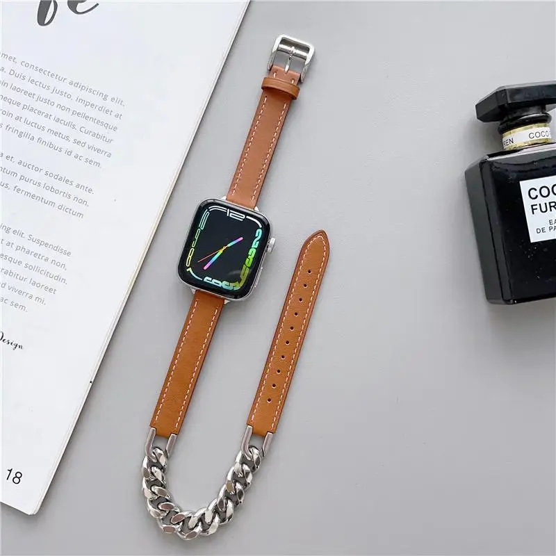 Leather Metal Double loop strap Stainless Steel For Apple Watch band 38/40/41/42/44/45/49MM