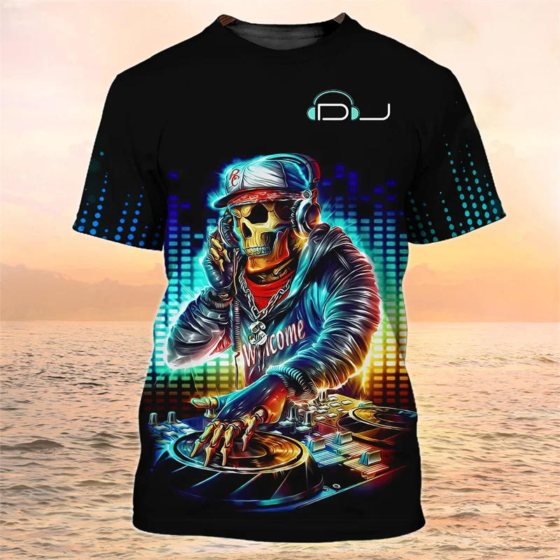 3D Printed Horror Skeleton T Shirt For Men DJ Rock Music Pattern T-Shirts Summer Hip-Hop Loose Unisex Tee Shirts Round Neck Tops