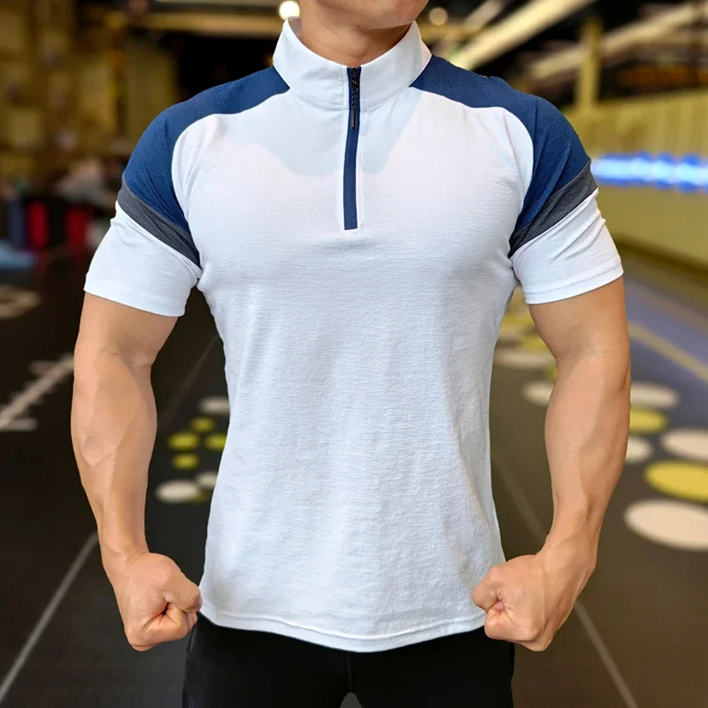 Mężczyźni Fitness Running Half Zip Training Wear Summer High Elasticity Slim Fit Tee Outdoor Hiking and Trekking T-shirt Muscle Tight