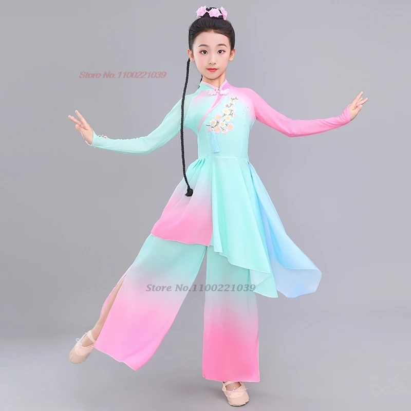 

2025 chinese vintage children folk dance costume flower embroidery qipao tops+pants set vintage chiffon dress stage performance