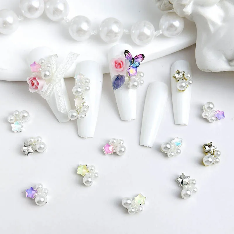 Macaron Star Pearl Pile Diamond Nails Crystal Parts Charms 3D Five-Pointed Star Pearl Combination Nail Figures Decor Rhinestones