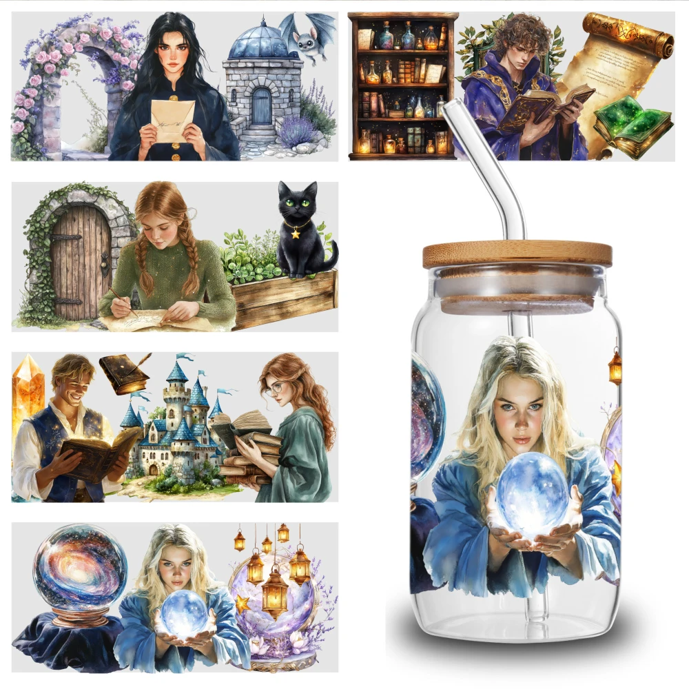 5 Sheets Fantasy Magic Castle Book Witch Crystal Ball Dragon Library Cat Door UV DTF Stickers Plastic Self-Adhesive Labels Cups