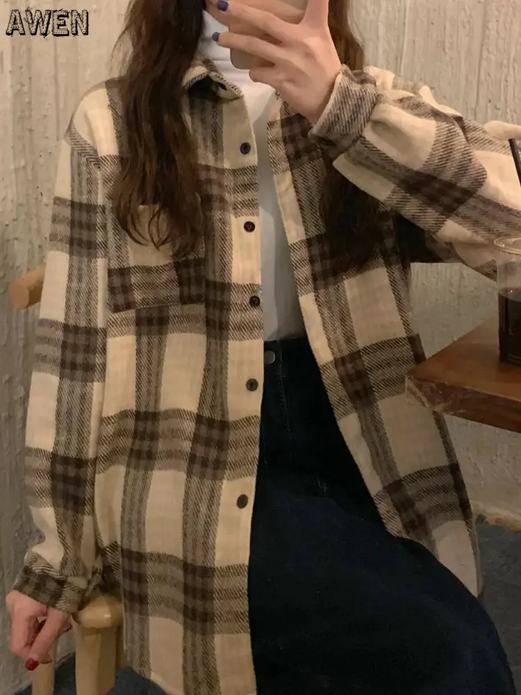 Padded Thick Women Plaid Shirts Korean Warm Fleece Button Up Tops Vintage Turn Down Collar Loose Woolen Female Coats Jacket