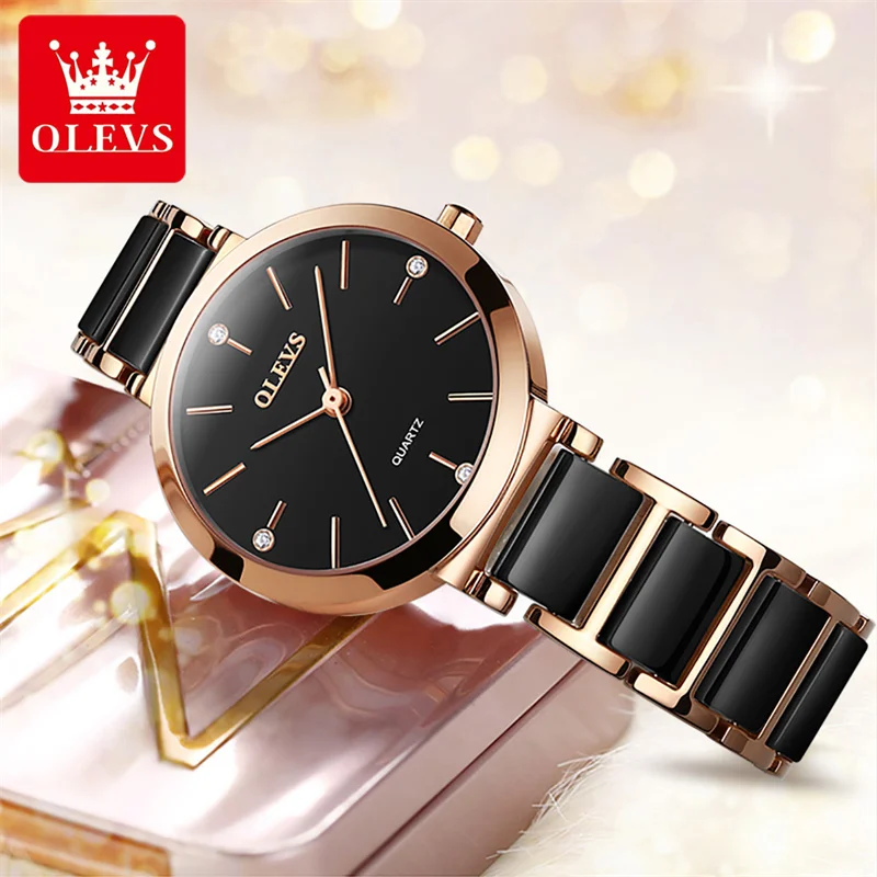 OLEVS 2025 New Women\'s Watches Black Ceramic Luxury Watch Women Fashion Female Wrist Watch For Gift Relogio Mujer 5877