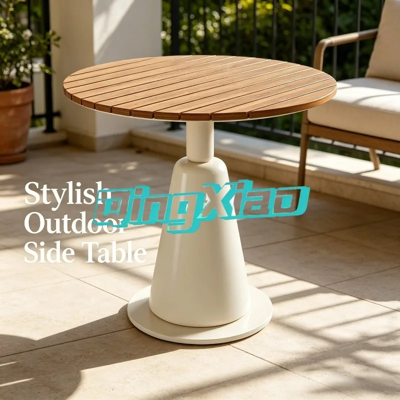 Outdoor Round Side Table Weather Resistant Wood Plastic Composite Top For Patio Poolside Garden Balcony Leisure Use Only