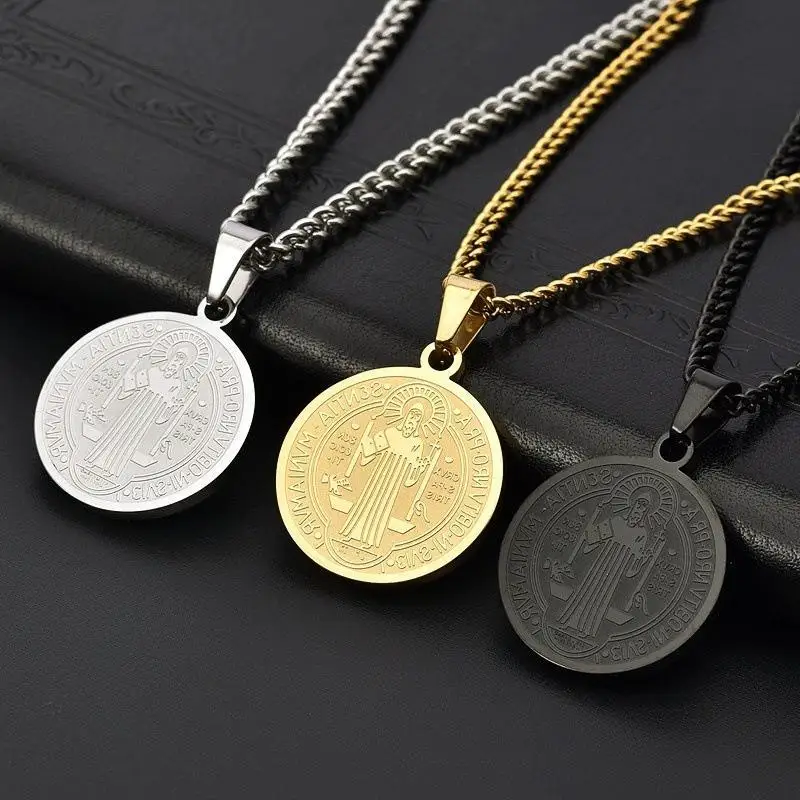 Stainless Steel Saint Benedict Medal Necklace Tarnish Resistant Anti Allergy Chain For Daily Wear Gift