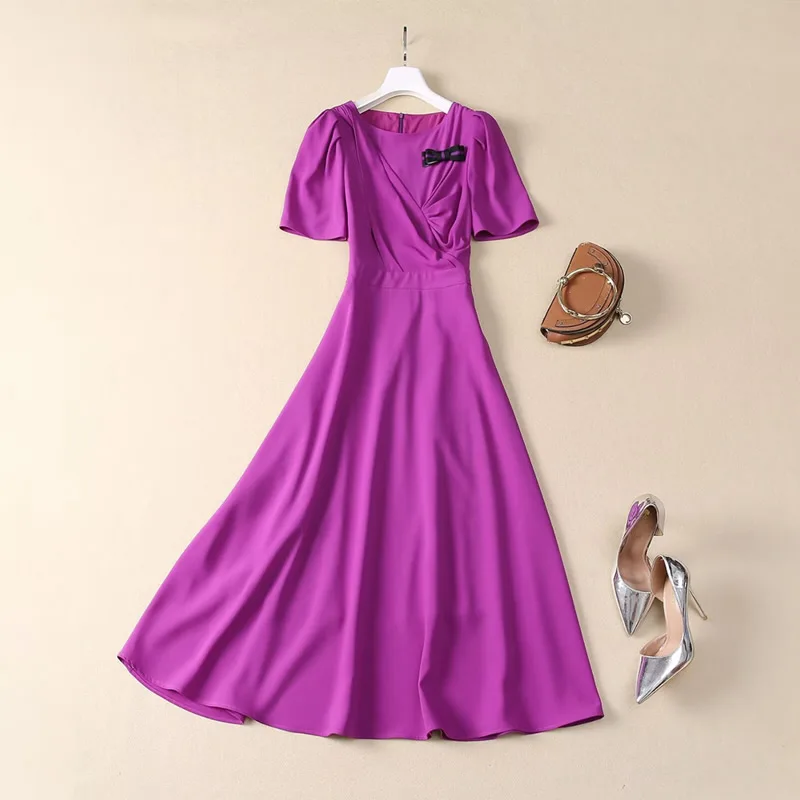 Kate Middleton Purple Princess Dress Elegant O-Neck Shore Sleeve A-Line Pleated Dresses With Bow 7302